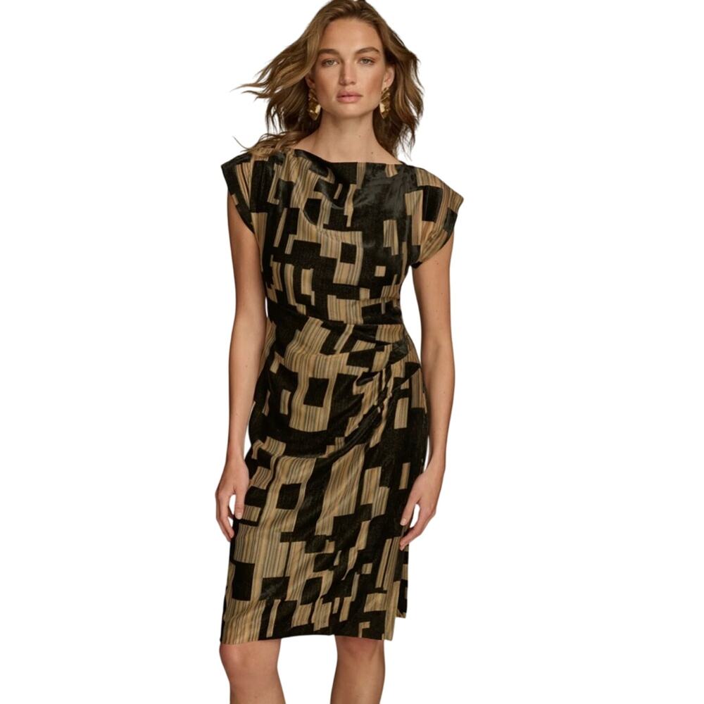 Donna Karan $199 Velvet burnout sheeat Black Gold Midi Dress Size 22W